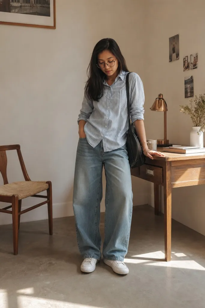 Back-to-School Outfits 2026 Striped Button-Down and Relaxed Light Jeans With Studious Ease