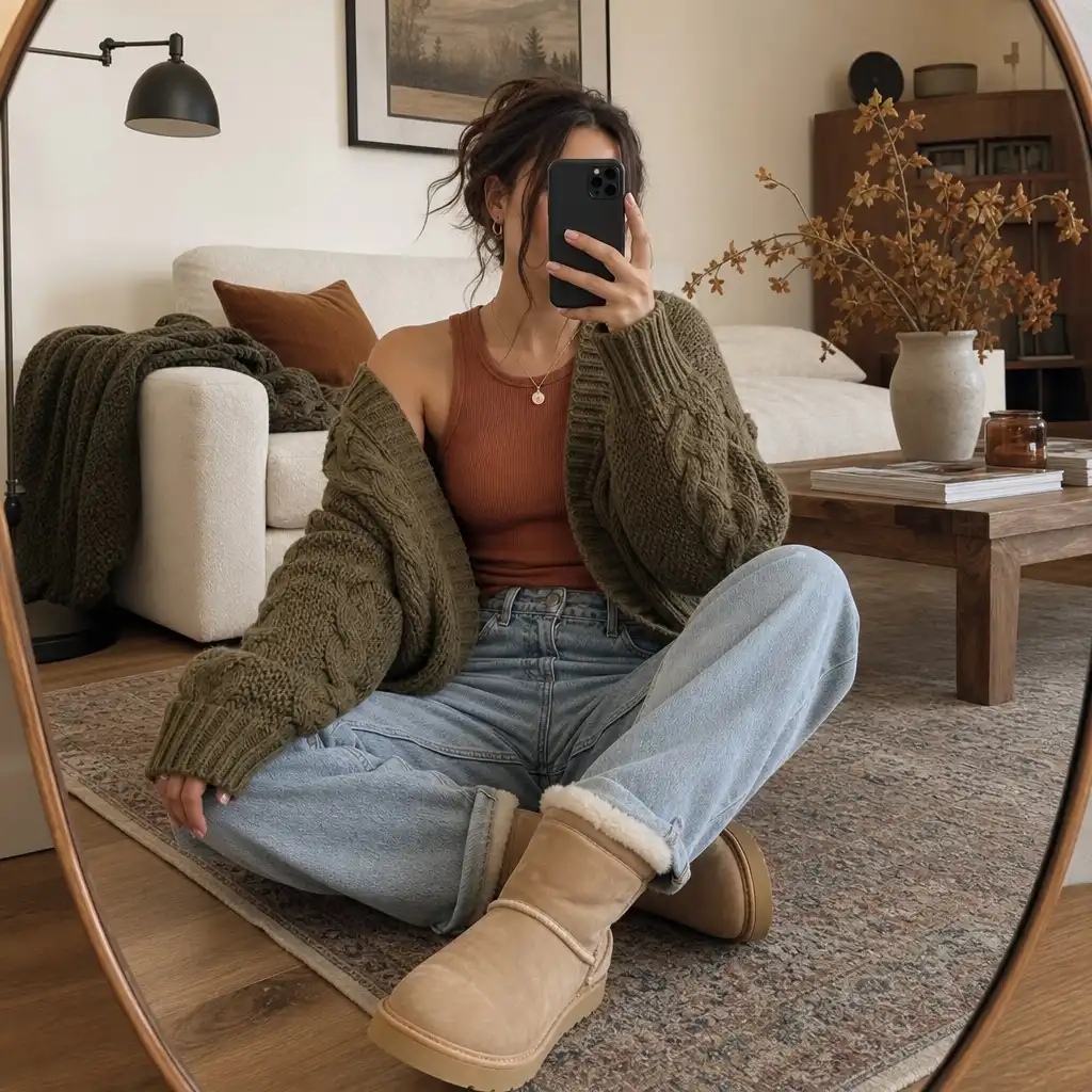 Fall Outfits with Jeans 2026 Olive Cable-Knit Cardigan With Rust Tank and UGG Minis