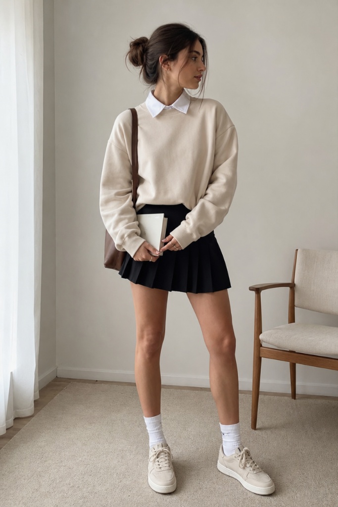 Back-to-School Outfits 2026 Beige Crewneck and Pleated Mini With Effortless Prep