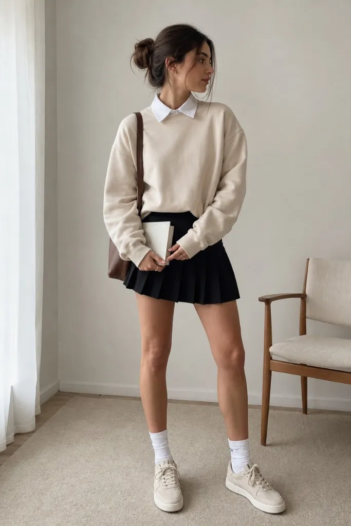 Back-to-School Outfits 2026 Beige Crewneck and Pleated Mini With Effortless Prep