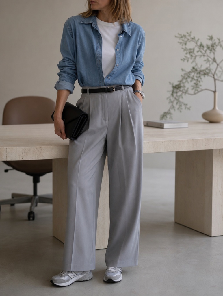 Fall Outfits with Blues for Work 2026 Light Denim Shirt Over White Tee With Grey Trousers and Easy Cool