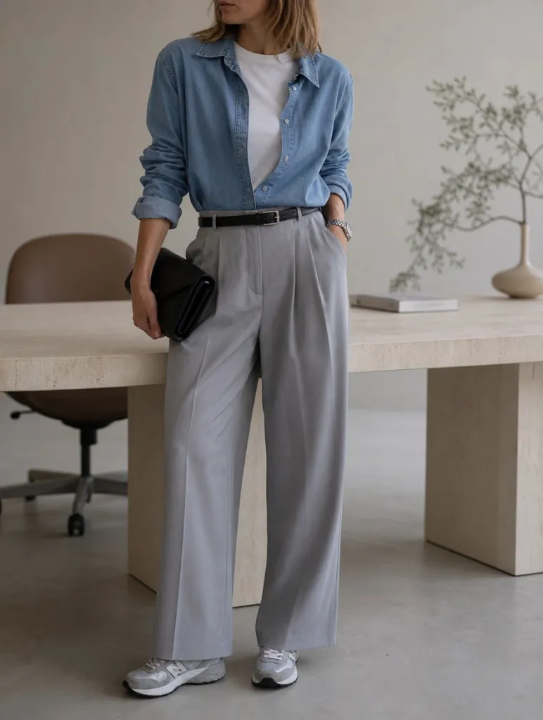 Fall Outfits with Blues for Work 2026 Light Denim Shirt Over White Tee With Grey Trousers and Easy Cool
