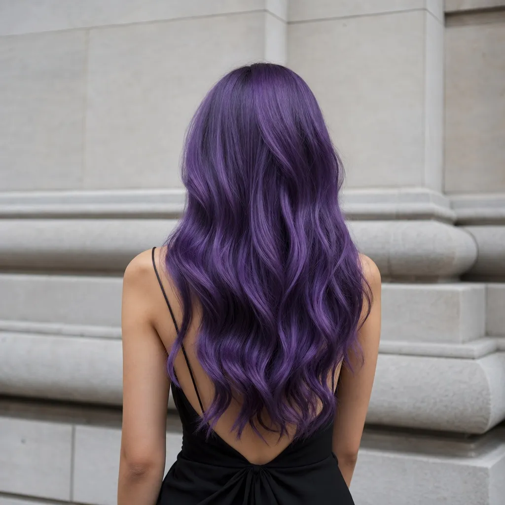 July Hair Color Ideas 2026 Deep Violet Waves With Midnight Drama
