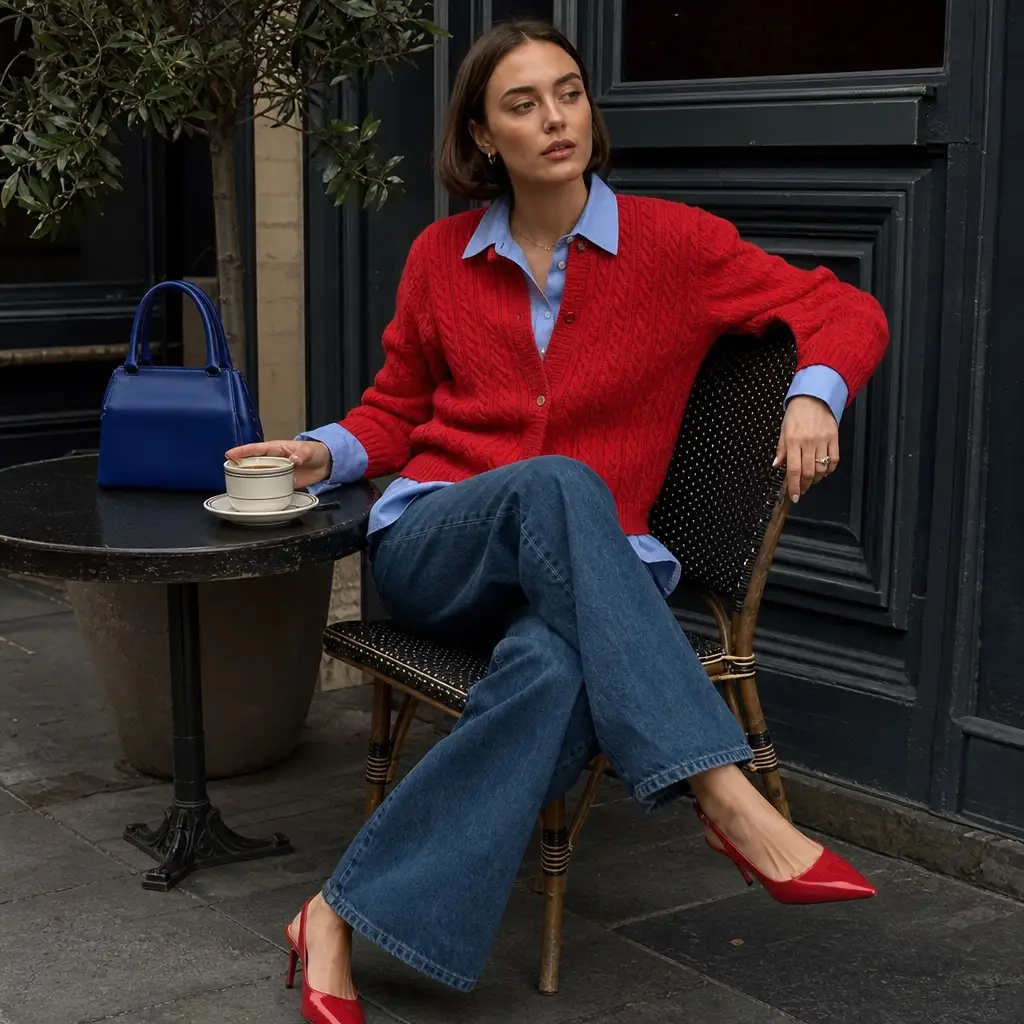 Fall Outfits with Blues for Work 2026 Red Cable-Knit Cardigan Over Blue Shirt With Café Culture Flair