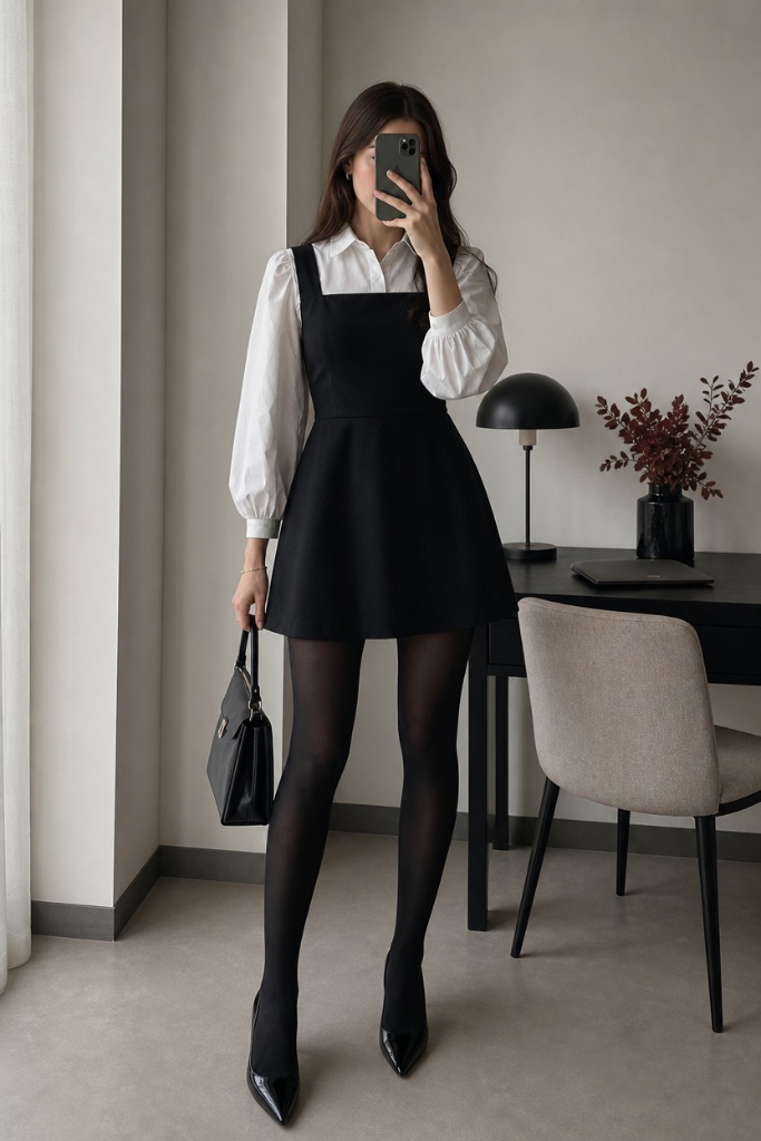 Fall Work Outfits 2026 ideas Black Pinafore Dress With White Blouse for Polished Feminine Energy