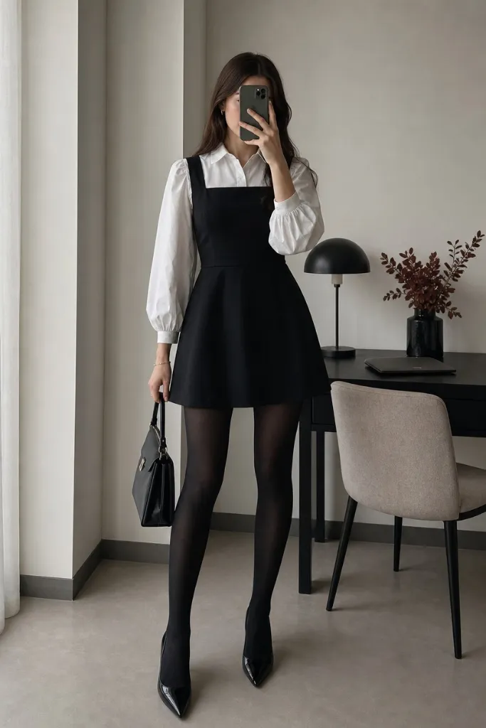 Fall Work Outfits 2026 ideas Black Pinafore Dress With White Blouse for Polished Feminine Energy