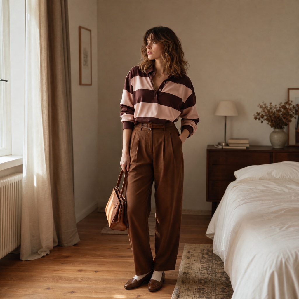 Fall Outfits with Pants 2026 Bold Stripe Rugby Shirt With Chocolate Brown Pleated Trousers