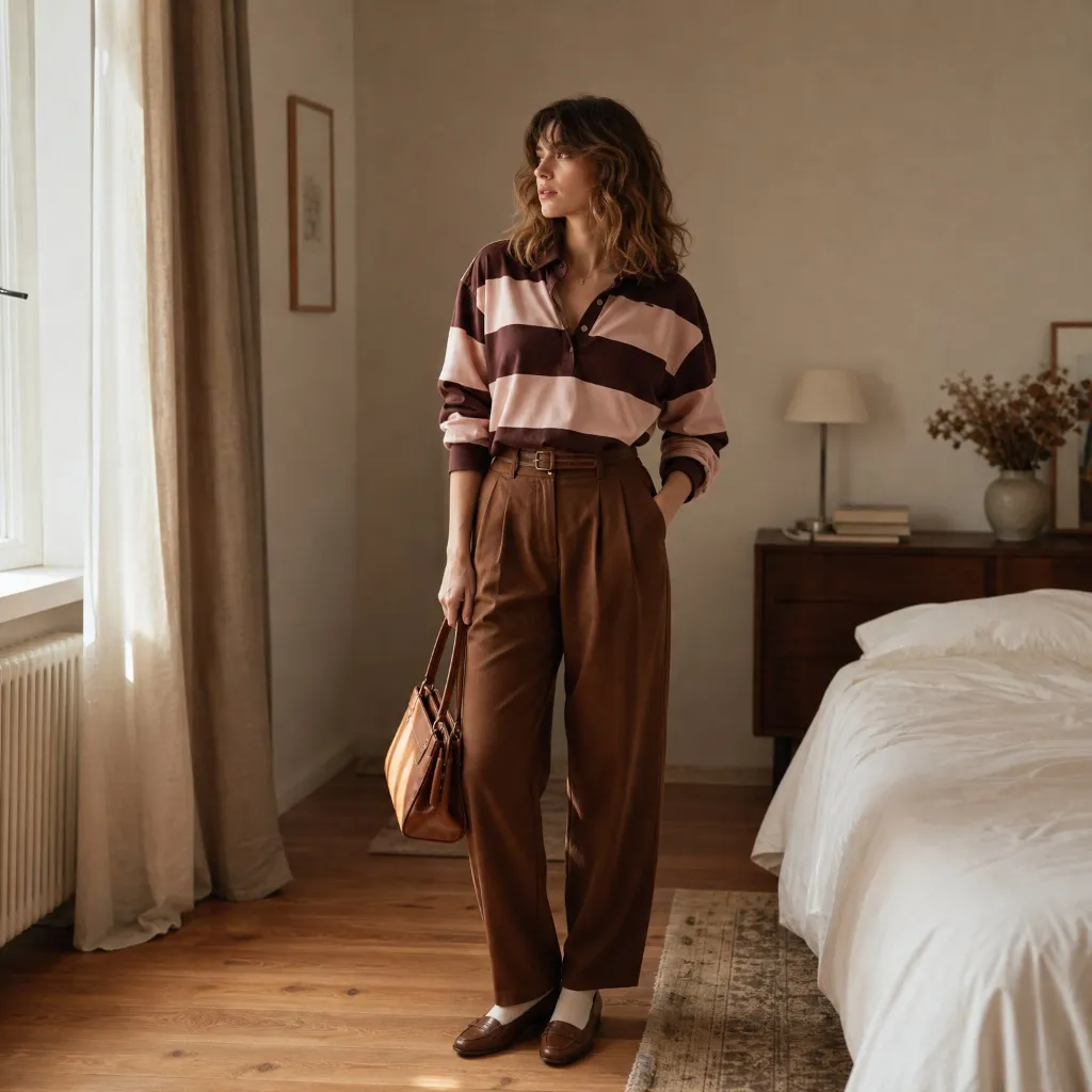 Fall Outfits with Pants 2026 Bold Stripe Rugby Shirt With Chocolate Brown Pleated Trousers
