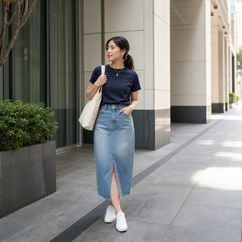 July 2026 Fashion Trends Navy Tee and Denim Midi Skirt With Everyday Sophistication