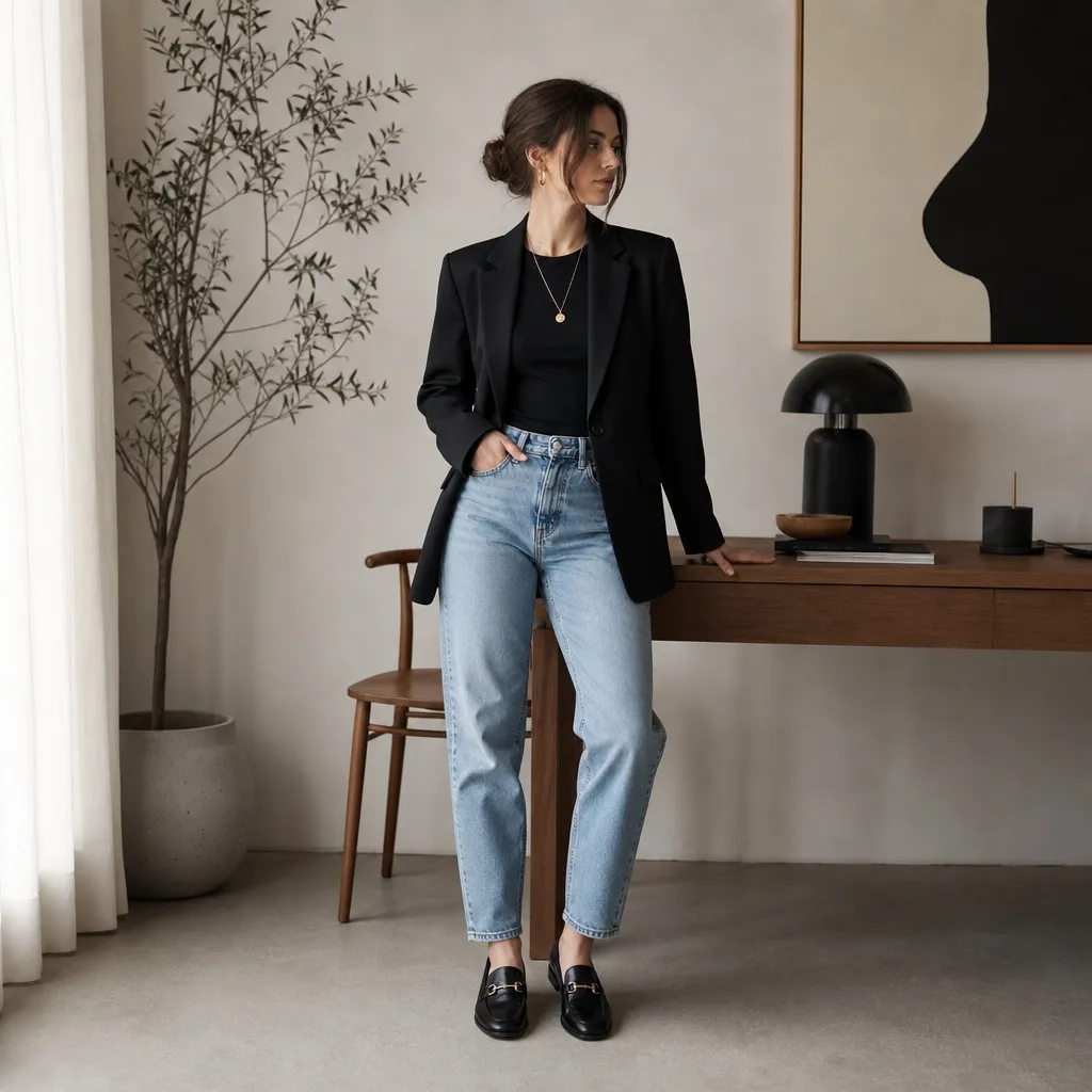 Fall Office Outfit Ideas for Women 2026 Black Blazer and Tee With Light Jeans and Loafers