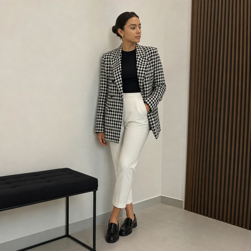 Casual Fall Work Outfits 2026 Houndstooth Blazer With Black Top and White Cropped Trousers for Graphic Impact