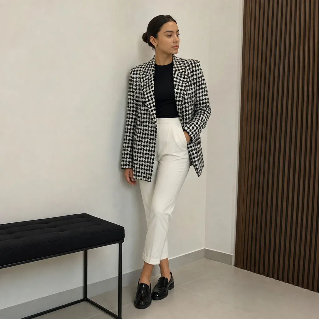 Casual Fall Work Outfits 2026 Houndstooth Blazer With Black Top and White Cropped Trousers for Graphic Impact