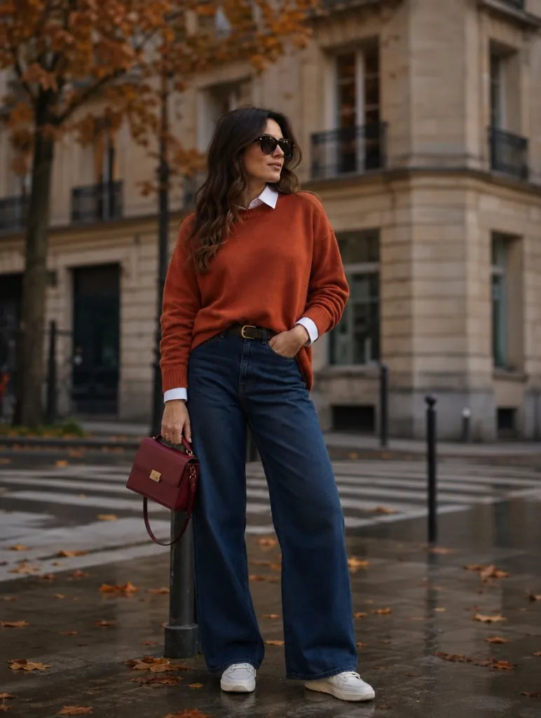 Fall Outfits with Jeans 2026 Rust Sweater Over White Collar With Dark Wide-Leg Jeans