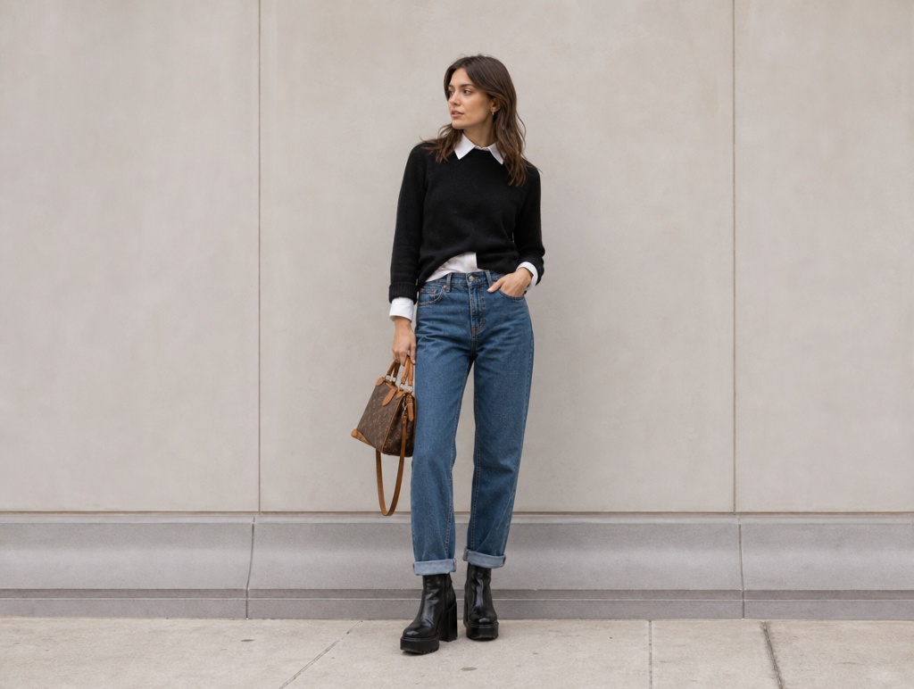 Fall Office Outfit Ideas for Women 2026 Black Sweater and Crisp Collar With Straight Jeans
