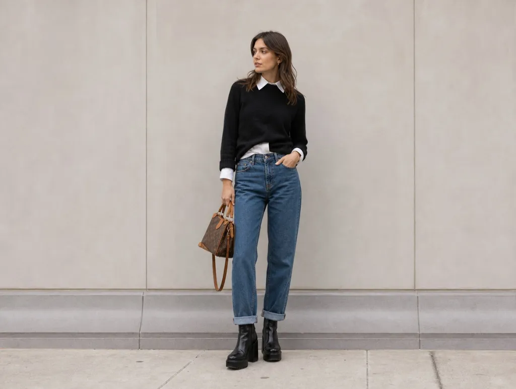 Fall Office Outfit Ideas for Women 2026 Black Sweater and Crisp Collar With Straight Jeans