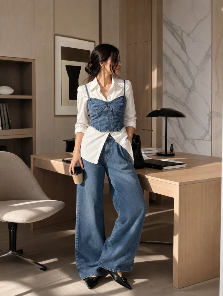 Fall Outfits with Blues for Work 2026 Denim Corset Over White Button-Down With Modern Edge