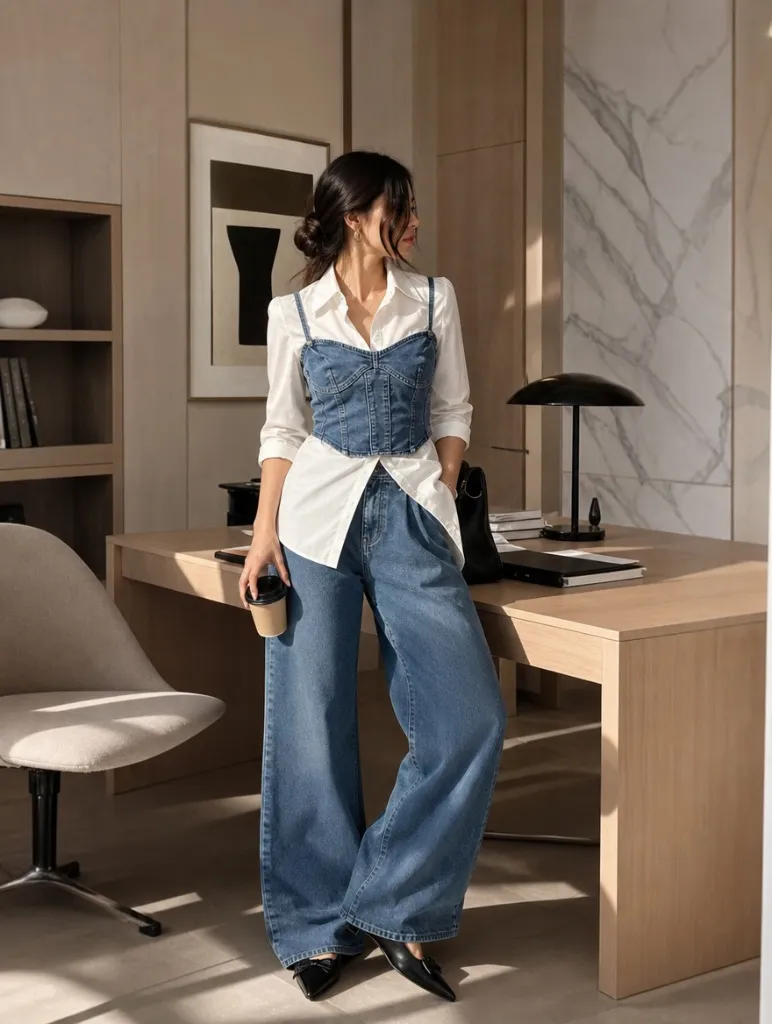 Fall Outfits with Blues for Work 2026 Denim Corset Over White Button-Down With Modern Edge