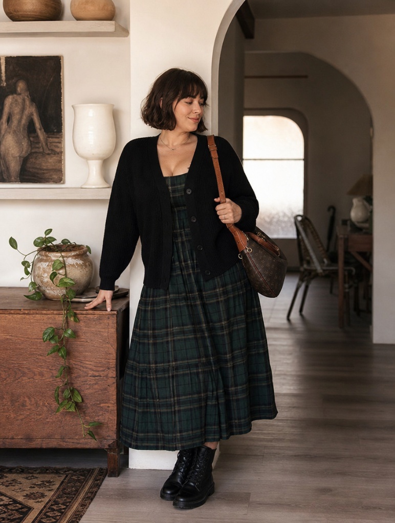 Fall Outfit Ideas for Big Busted Women 2026 Black Cardigan Over Green Plaid Maxi Dress