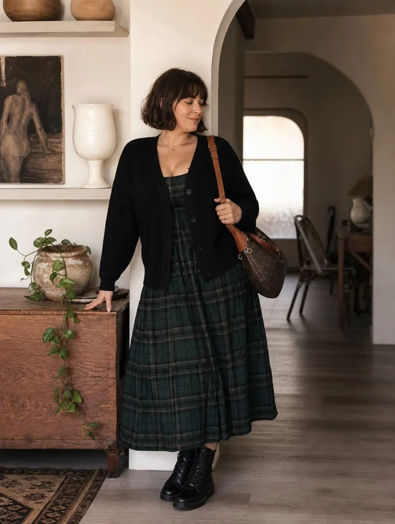 Fall Outfit Ideas for Big Busted Women 2026 Black Cardigan Over Green Plaid Maxi Dress