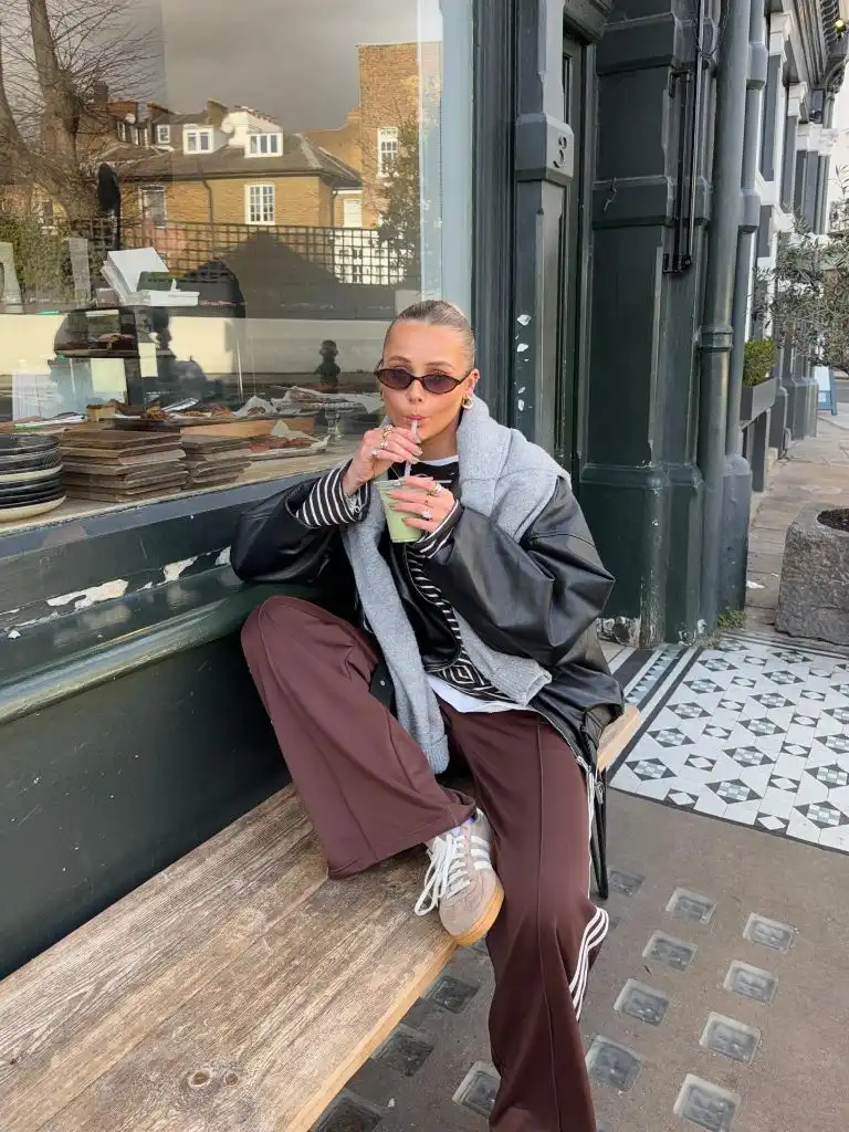 Fall Outfits with Sweater 2026 Layered Leather and Stripes With Matcha in Hand