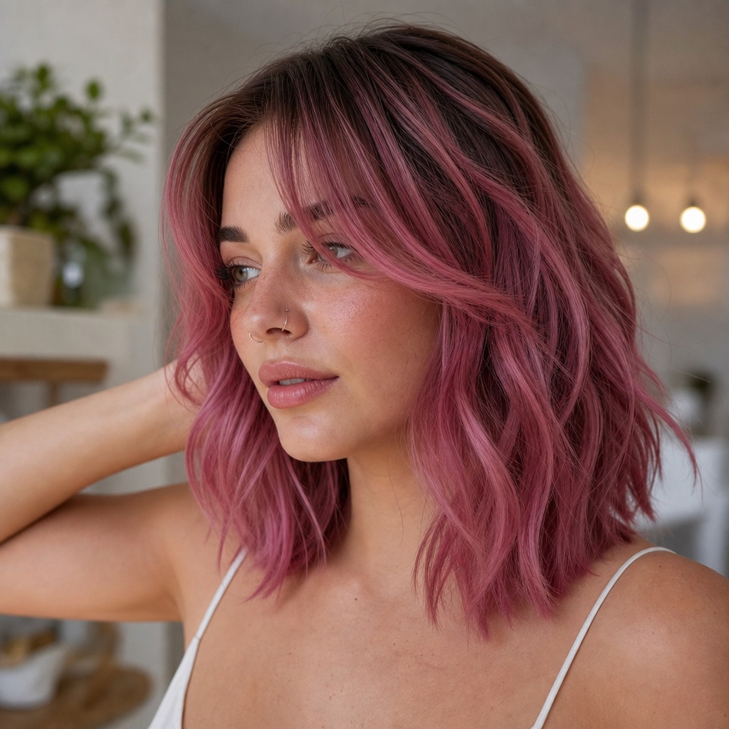 July Hair Color Ideas 2026 Dusty Rose Lob With Lived-In Texture
