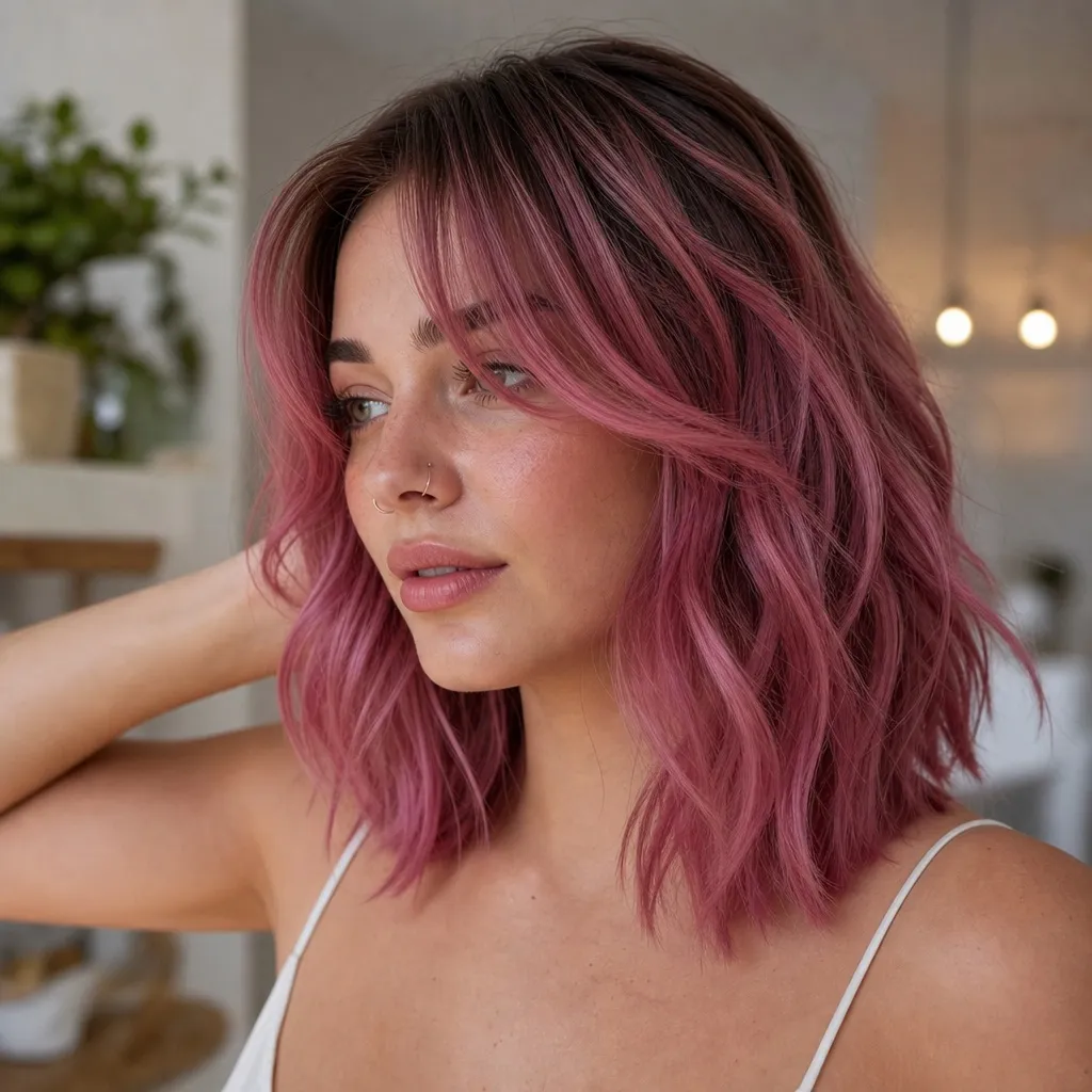 July Hair Color Ideas 2026 Dusty Rose Lob With Lived-In Texture