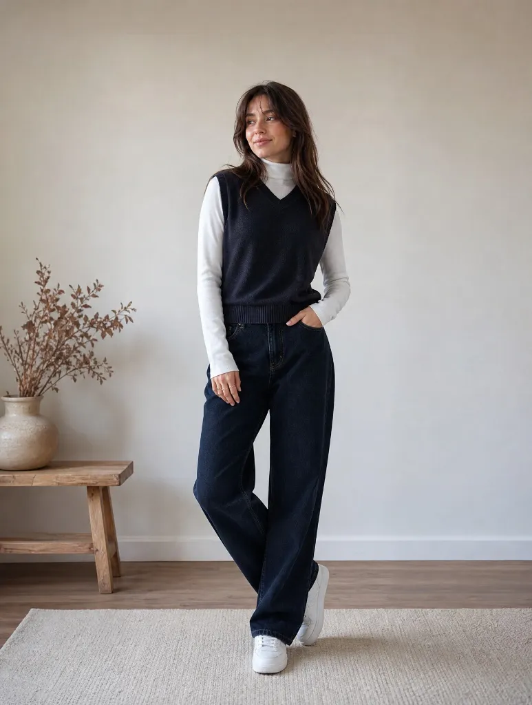 Fall Outfits with Pants 2026 Navy Sweater Vest Over White Turtleneck With Dark Denim