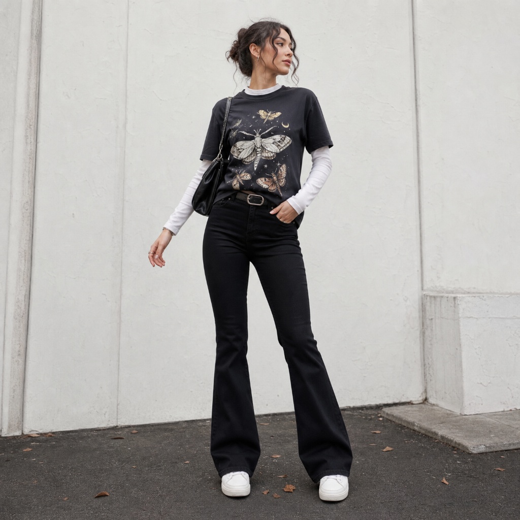 Fall Outfits with Pants 2026 Moth Print Tee Layered Over Long Sleeve With Black Flares