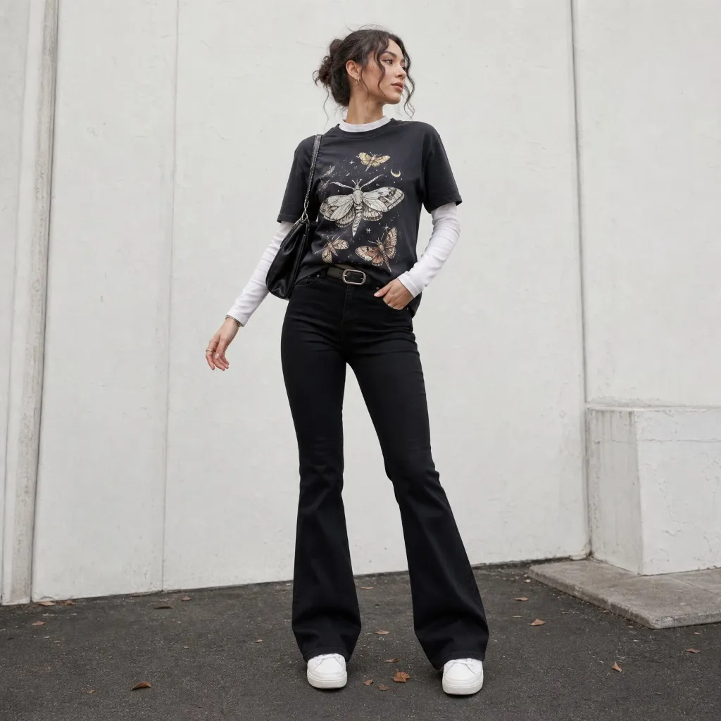 Fall Outfits with Pants 2026 Moth Print Tee Layered Over Long Sleeve With Black Flares