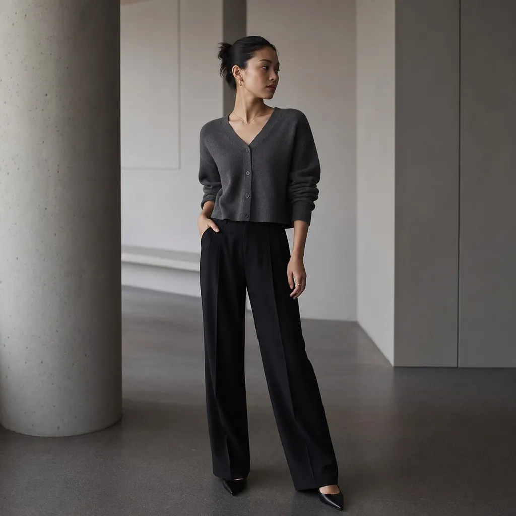 Casual Fall Work Outfits 2026 Charcoal V-Neck Cardigan With Black Wide-Leg Trousers for Understated Modern Calm
