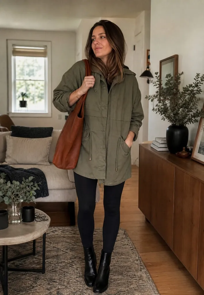 Fall Outfit Ideas with Leggings and Boots 2026 Olive Utility Jacket With Cozy-Home Layers