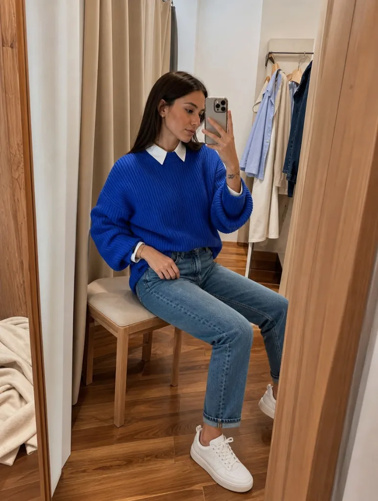 Fall Outfits with Blues for Work 2026 Royal Blue Ribbed Sweater Over White Collar With Bold Simplicity