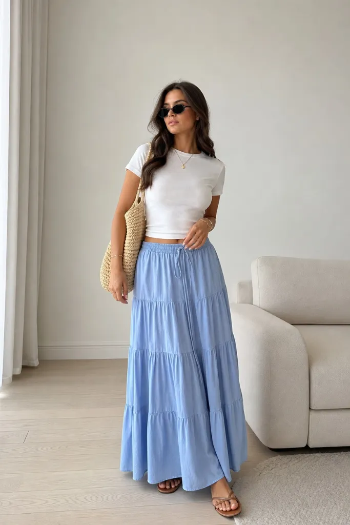 July 2026 Fashion Trends White Crop Tee and Blue Tiered Maxi Skirt With Vacation Soul
