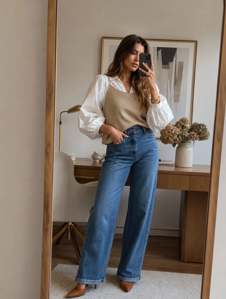 Fall Outfits with Blues for Work 2026 Soft Beige Knit Over White Blouse With Relaxed Feminine Energy