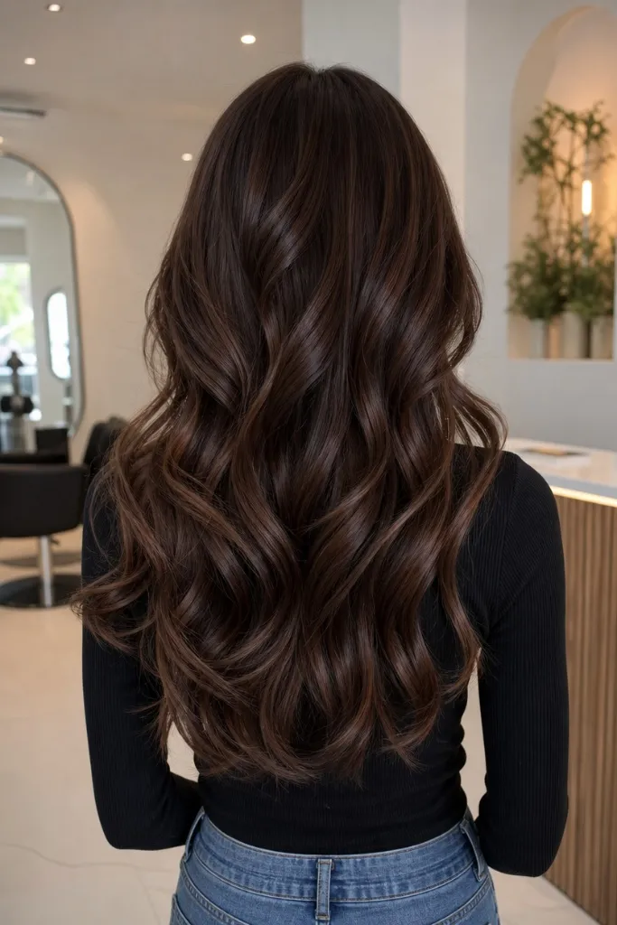 July Hair Color Ideas 2026 Rich Espresso Curls With Mirror-Like Shine