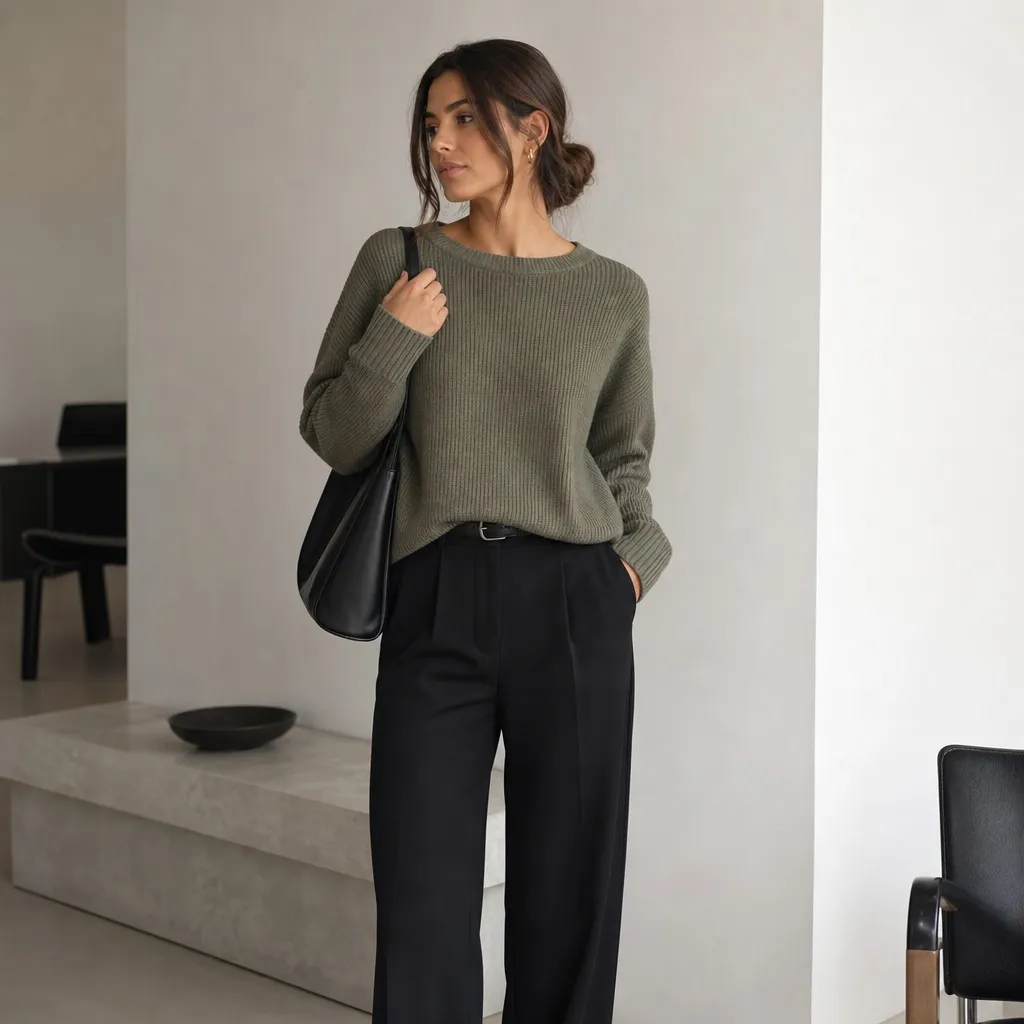 Fall Work Outfits 2026 ideas Olive Ribbed Knit With Structured Black Trousers and Soft Ease