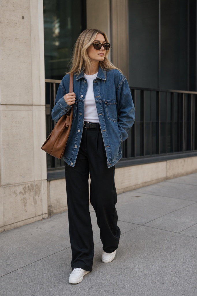 Fall Work Outfits 2026 ideas Oversized Denim Jacket With Black Wide-Leg Trousers for Relaxed Structure