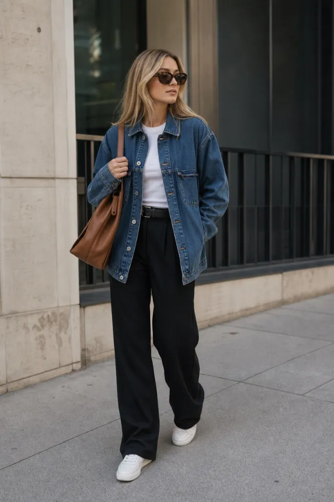 Fall Work Outfits 2026 ideas Oversized Denim Jacket With Black Wide-Leg Trousers for Relaxed Structure