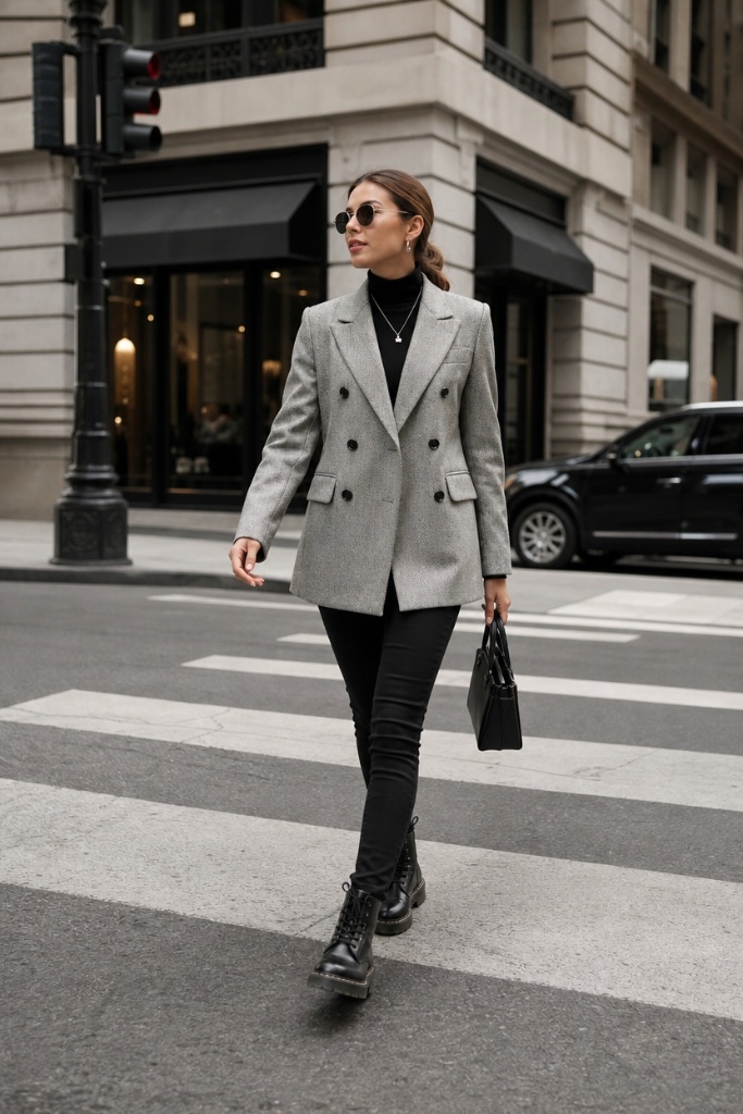 All Outfits with Boots 2026 Grey Double-Breasted Blazer and Black Jeans for Combat Boots