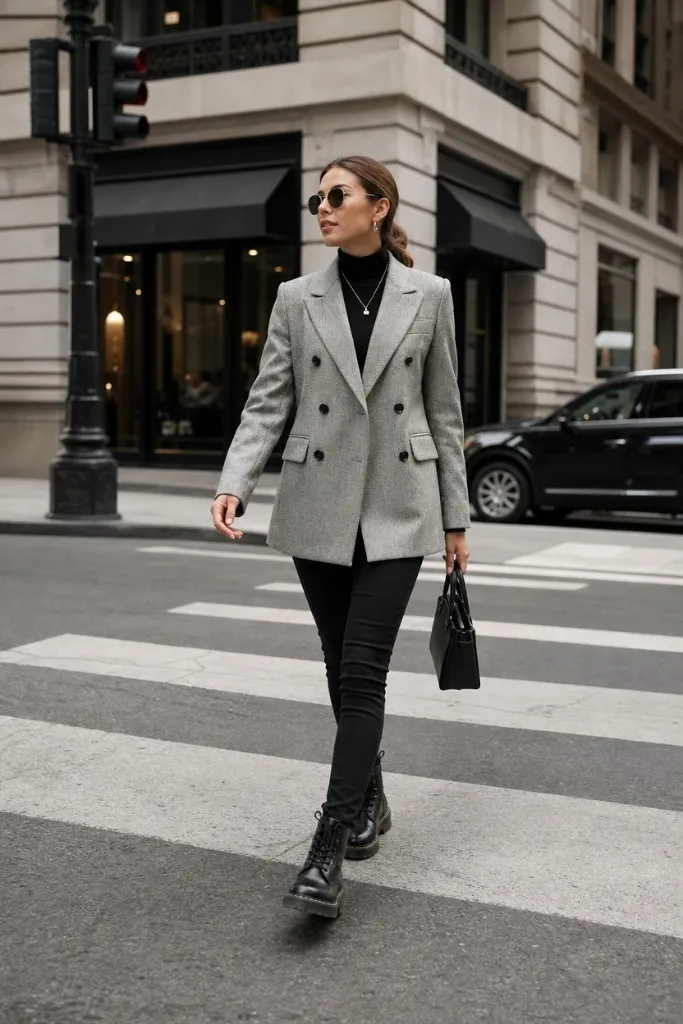 All Outfits with Boots 2026 Grey Double-Breasted Blazer and Black Jeans for Combat Boots