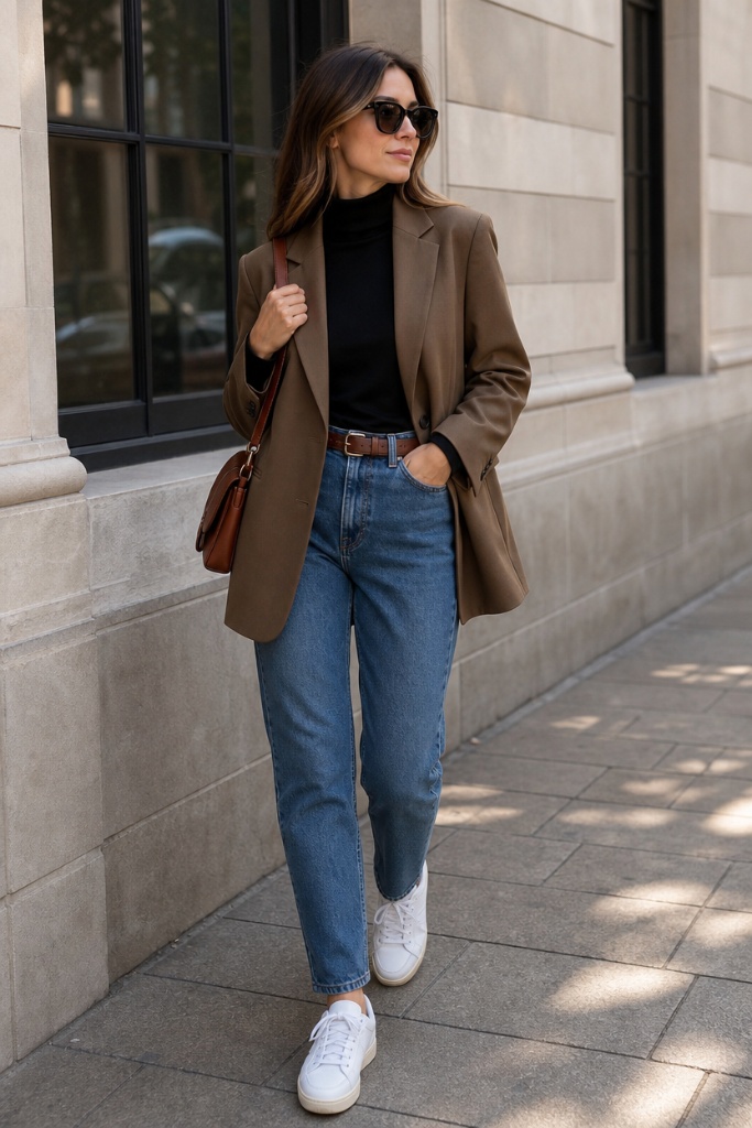 Fall Work Outfits 2026 ideas Olive Blazer With Black Turtleneck and Straight-Leg Jeans for Smart Weekend Energy
