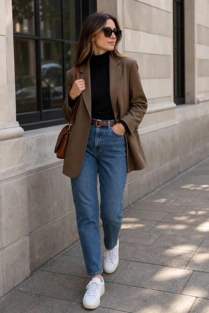 Fall Work Outfits 2026 ideas Olive Blazer With Black Turtleneck and Straight-Leg Jeans for Smart Weekend Energy
