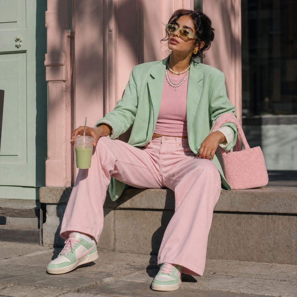Fall Outfits with Sneakers and Jeans 2026 Mint Blazer With Pastel Pink Statement
