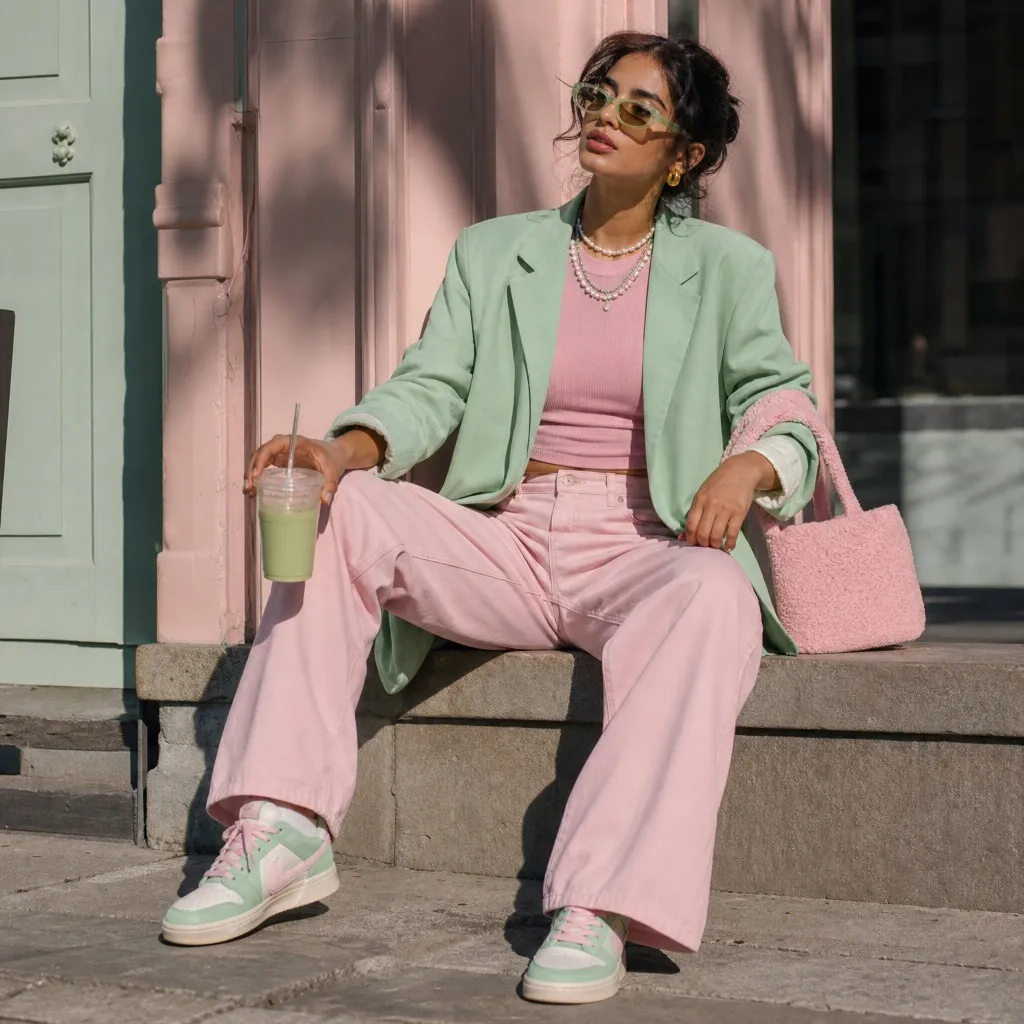 Fall Outfits with Sneakers and Jeans 2026 Mint Blazer With Pastel Pink Statement