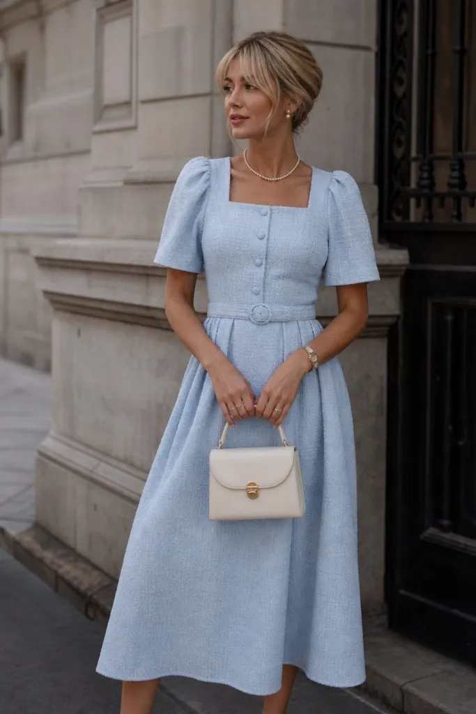 Fall Wedding Guest Dresses 2026 Powder Blue Tweed Midi Dress With Square Neckline and Belt