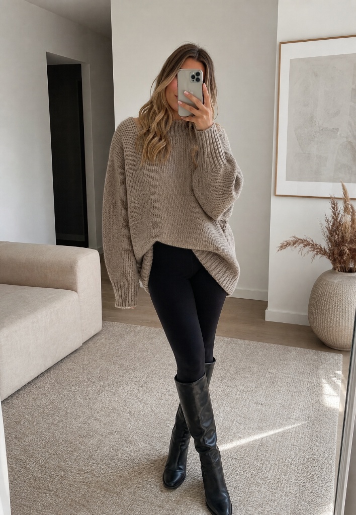 Fall Outfit Ideas with Leggings and Boots 2026 Taupe Chunky Sweater With Mirror-Selfie Cozy
