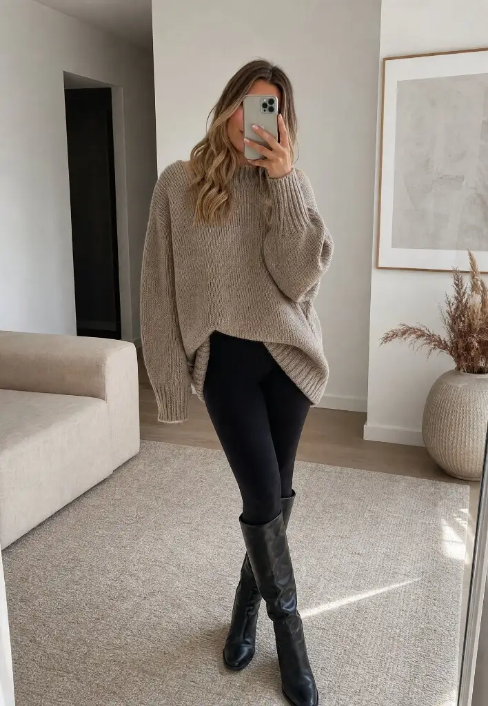 Fall Outfit Ideas with Leggings and Boots 2026 Taupe Chunky Sweater With Mirror-Selfie Cozy