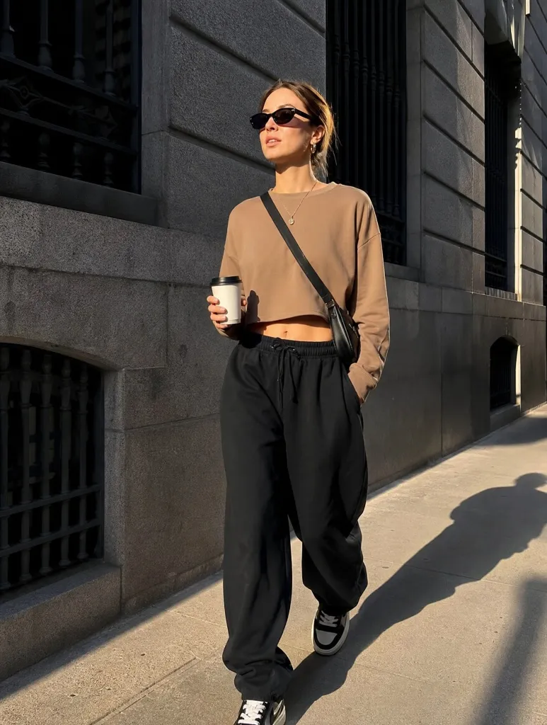 Fall Pants Outfits for Women 2026 Tan Cropped Sweatshirt With Black Joggers for On-the-Go Energy