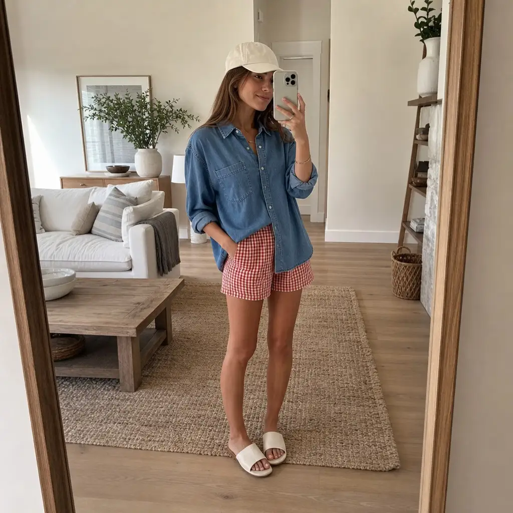 July 2026 Fashion Trends Chambray Button-Down and Red Gingham Shorts With Relaxed Americana