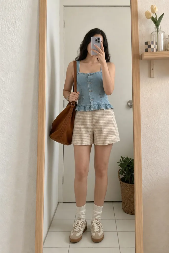July Outfits Ideas 2026 Denim Peplum Top With Gingham Shorts and Platform Sneakers
